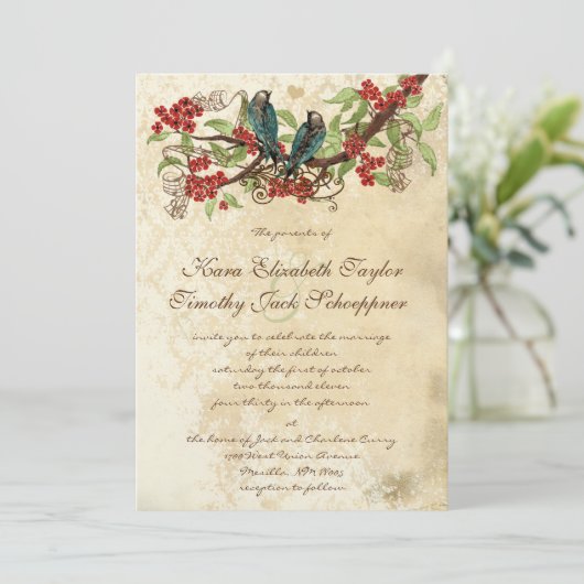 赤い花枝ヴィンテージ鳥の結婚式の招待 招待状 (スタンド正面)