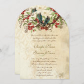 赤い花枝ヴィンテージ鳥の結婚式の招待 招待状 (正面/裏面)