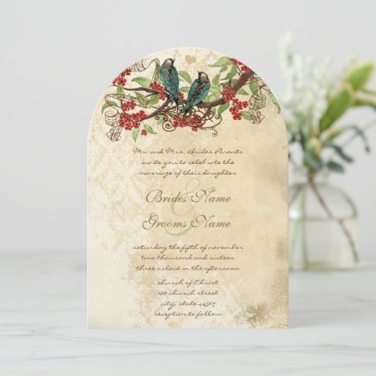 赤い花枝ヴィンテージ鳥の結婚式の招待 招待状 (スタンド正面)