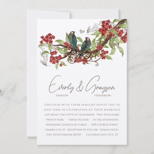 赤い花枝ヴィンテージ鳥の結婚式の招待 招待状 (正面)