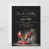 赤い花柄のハイヒールパンプスとシャンパンのブランチとバブルリー 招待状 (正面)