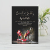 赤い花柄のハイヒールパンプスとシャンパンのブランチとバブルリー 招待状 (スタンド正面)