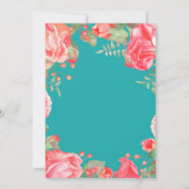 赤い花柄の第13誕生日の金ゴールドのグリッターおよびティール(緑がかった色) 招待状 (裏面)