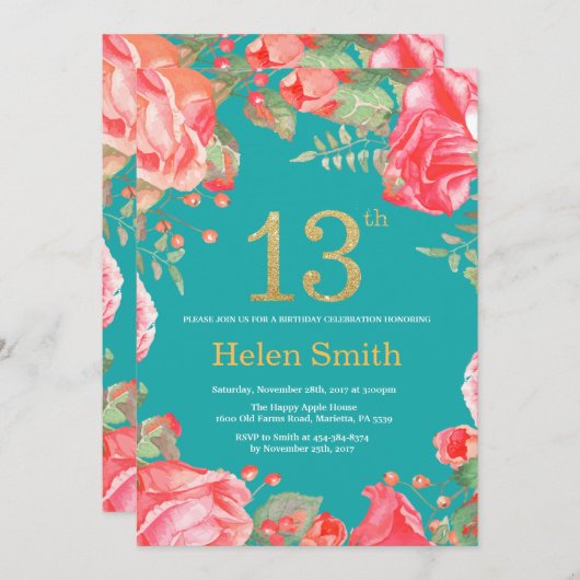 赤い花柄の第13誕生日の金ゴールドのグリッターおよびティール(緑がかった色) 招待状 (正面/裏面)