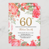 赤い花柄の第60誕生日の招待状の金ゴールドのグリッター 招待状 (正面/裏面)