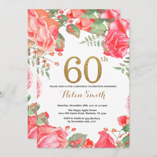 赤い花柄の第60誕生日の招待状の金ゴールドのグリッター 招待状 (正面/裏面)