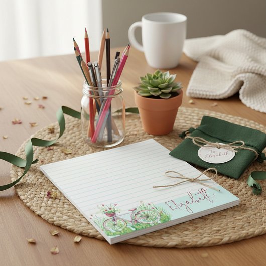 赤い花柄の自転車（名入れ） ノートパッド