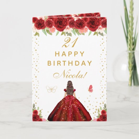 赤い花柄の茶髪の女性 誕生日 カード (正面)