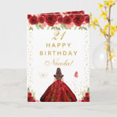 赤い花柄の茶髪の女性 誕生日 カード (黄色い花)