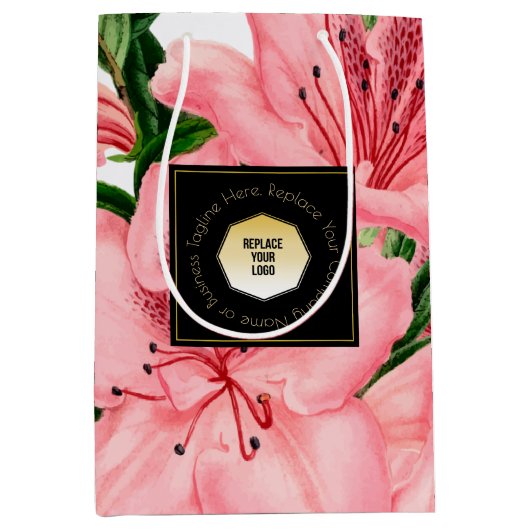 赤い花柄 お客様の企業名とロゴを追加 ミディアムペーパーバッグ (正面)