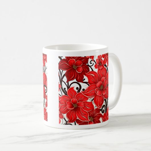 赤い花柄 クラシックマグカップ 11オンス コーヒーマグカップ (正面右)