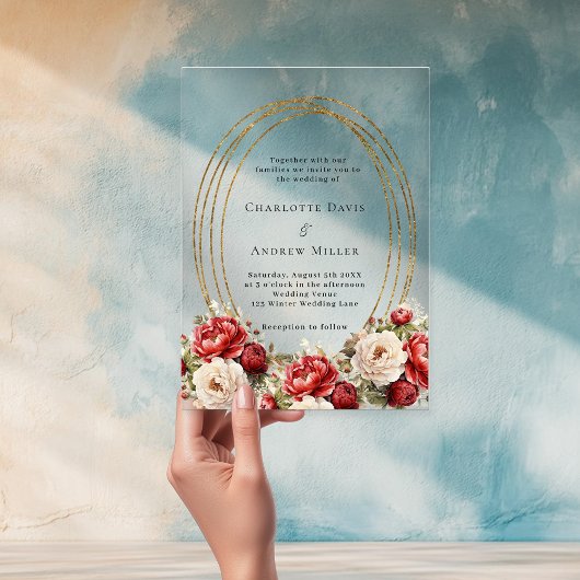 赤い花模様の金ゴールド澄んフレ結婚ーム アクリル招待状