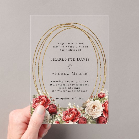 赤い花模様の金ゴールド澄んフレ結婚ーム アクリル招待状 (インサイチュ (ポータブル))