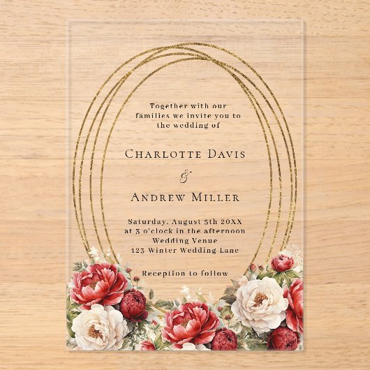 赤い花模様の金ゴールド澄んフレ結婚ーム アクリル招待状 (正面)