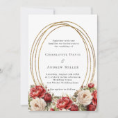 赤い花模様の金ゴールド結婚フレーム 招待状 (正面)