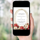 赤い花模様の金ゴールド結婚フレーム 招待状