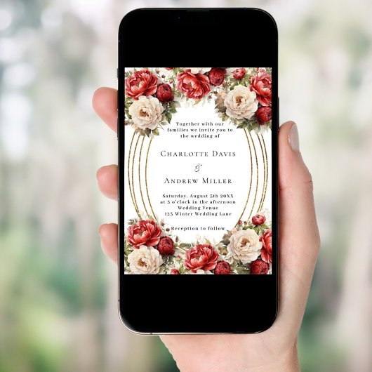 赤い花模様の金ゴールド結婚フレーム 招待状