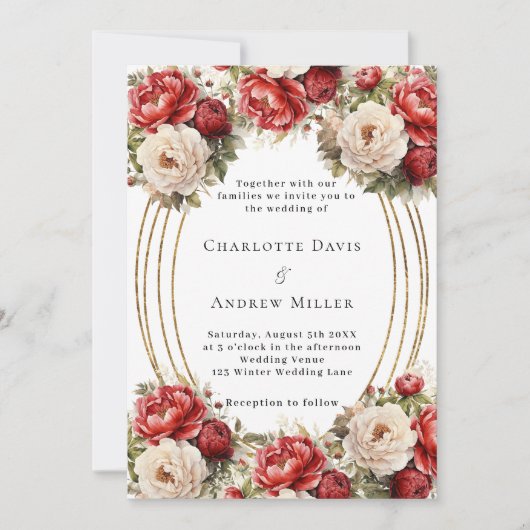 赤い花模様の金ゴールド結婚フレーム 招待状 (正面)