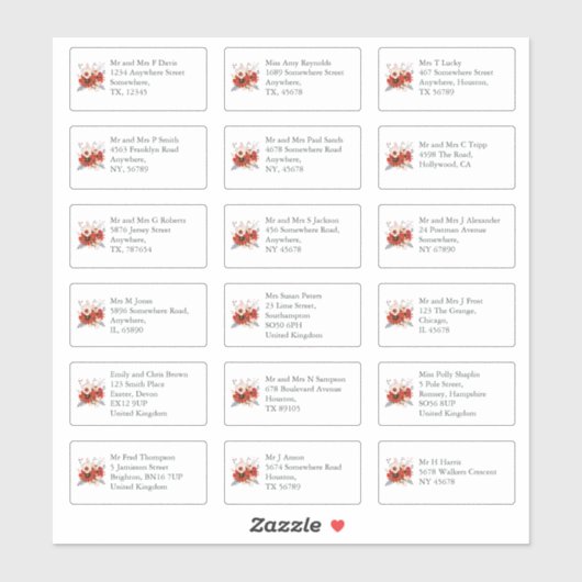 赤い花模様個結婚人のゲスト名アドレス シール (シート)