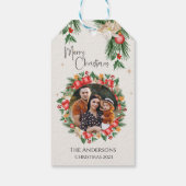 赤い花模様家族の写真メリークリスマス ギフトタグ (裏面)