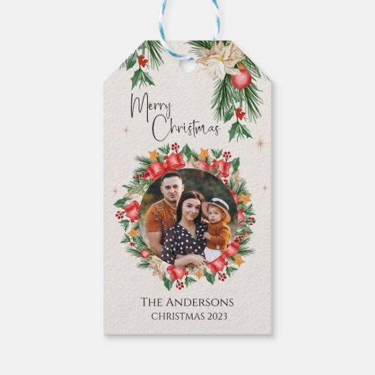 赤い花模様家族の写真メリークリスマス ギフトタグ (裏面)