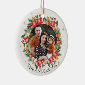 赤い花模様家族の写真メリークリスマス セラミックオーナメント (右)