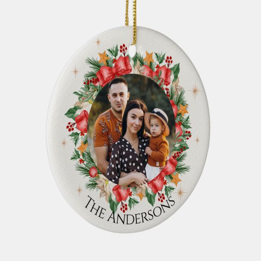 赤い花模様家族の写真メリークリスマス セラミックオーナメント (右)