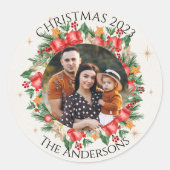 赤い花模様家族の写真メリークリスマス ラウンドシール (正面)