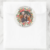 赤い花模様家族の写真メリークリスマス ラウンドシール (バッグ)