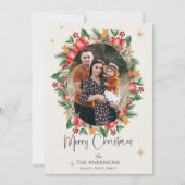 赤い花模様数々の家族の写真メリークリスマス シーズンカード (正面)