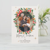 赤い花模様数々の家族の写真メリークリスマス シーズンカード (スタンド正面)