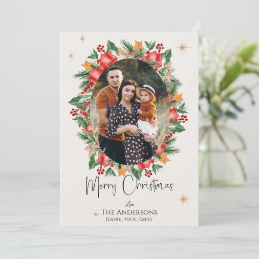 赤い花模様数々の家族の写真メリークリスマス シーズンカード (スタンド正面)