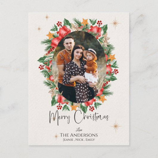 赤い花模様数々の家族の写真メリークリスマス シーズンポストカード (正面)