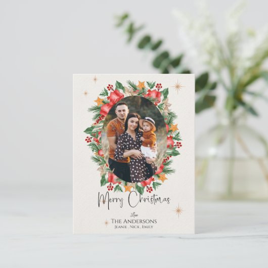 赤い花模様数々の家族の写真メリークリスマス シーズンポストカード (スタンド正面)