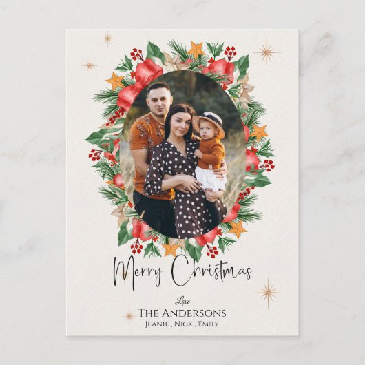 赤い花模様数々の家族の写真メリークリスマス ポストカード (正面)