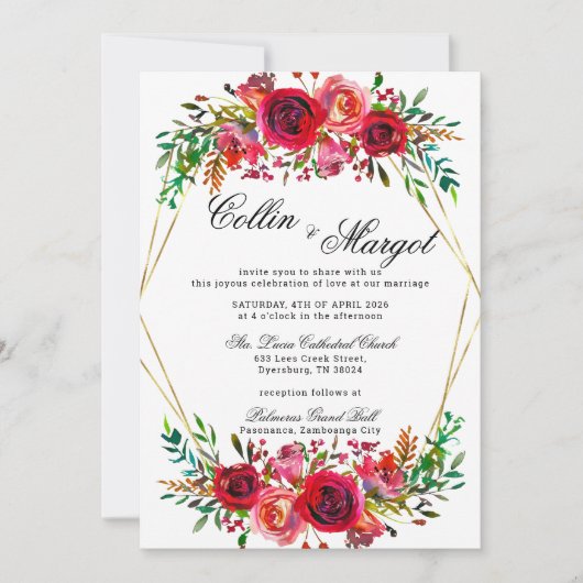 赤い花模様結婚のフレームの発表 案内状 (正面)