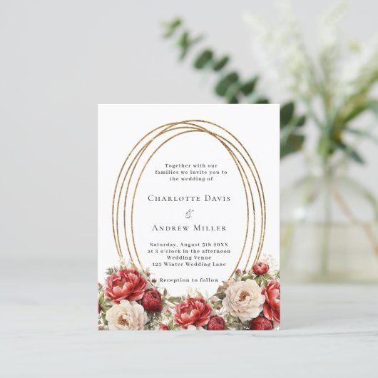 赤い花模様金ゴールドフレーム結婚式招待状 (スタンド正面)