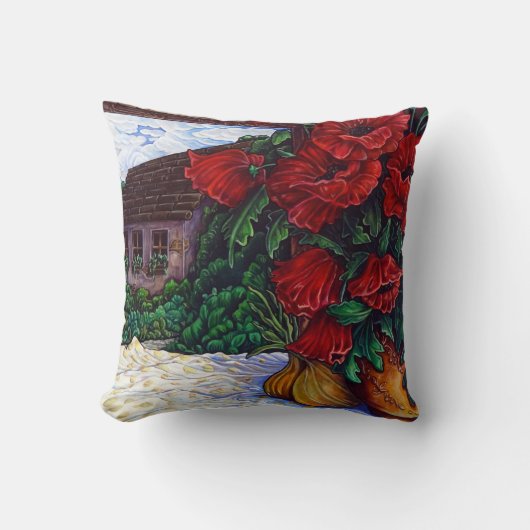 赤い花絵を描の16インチX 16インチ装飾用クッション クッション (正面)