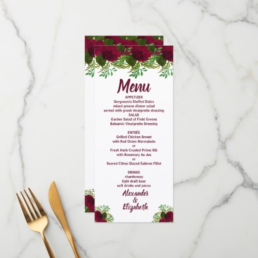 赤い花緑のウェディングレセプションメニュー メニュー (正面/裏面インサイチュ)