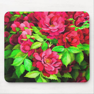 赤い花緑葉の絵画花 マウスパッド