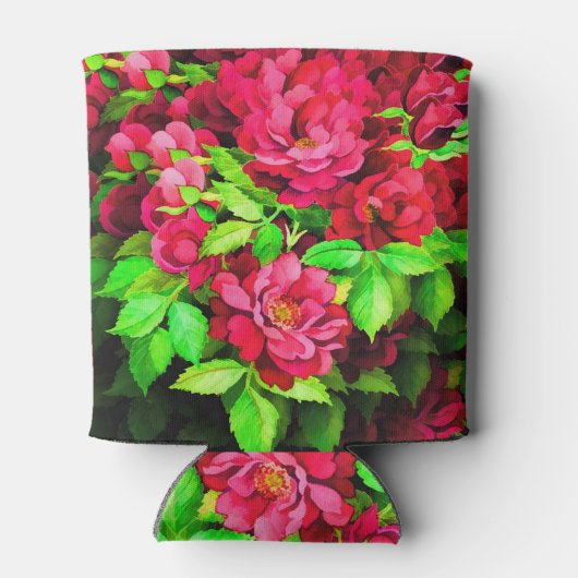 赤い花緑葉の絵画花 缶クーラー (裏面)