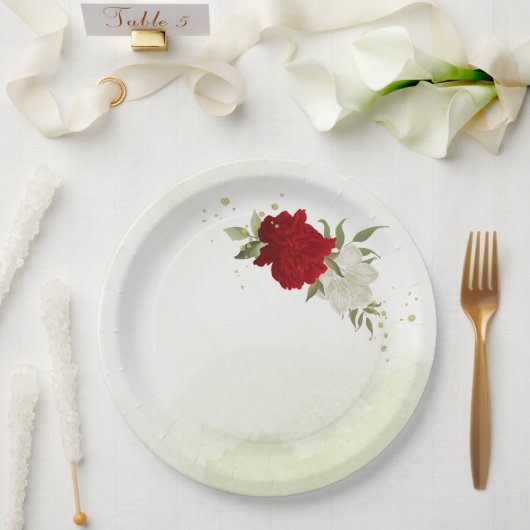 赤い花葉は結婚緑 ペーパープレート (ウェディング)