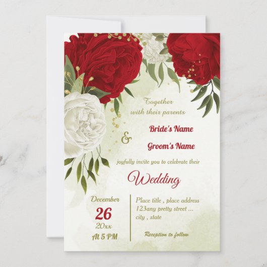 赤い花葉は結婚緑 招待状 (正面)