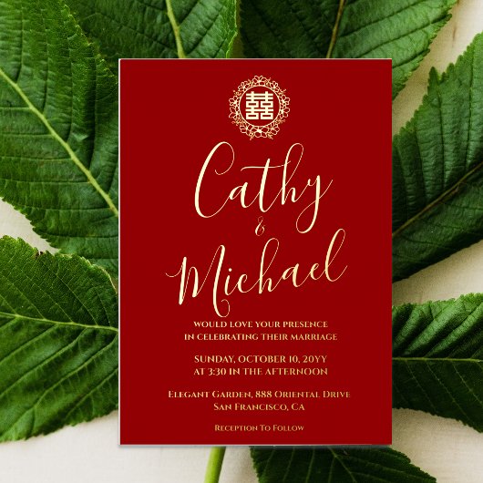 赤い花輪 中国式結婚式 箔招待状