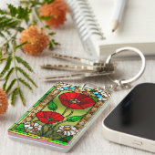 赤い花鮮やかなステンドグラス キーホルダー (正面右)