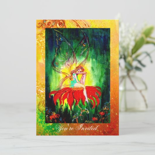赤い花黄色の緑の上で夢を見る妖精 招待状 (スタンド正面)