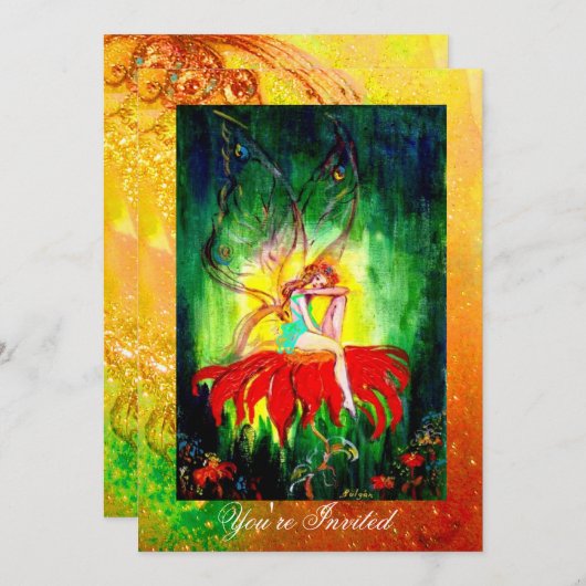 赤い花黄色の緑の上で夢を見る妖精 招待状 (正面/裏面)