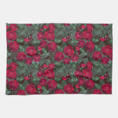 赤い花、水彩花の模様。 キッチンタオル (横)