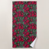 赤い花、水彩花の模様。 ビーチタオル (正面)