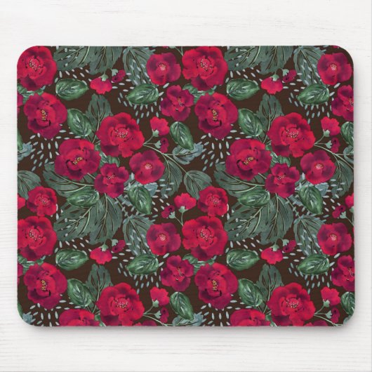 赤い花、水彩花の模様。 マウスパッド (正面)